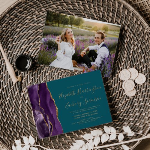 Modern Photo Purple Gold Agate Teal Wedding Invitation