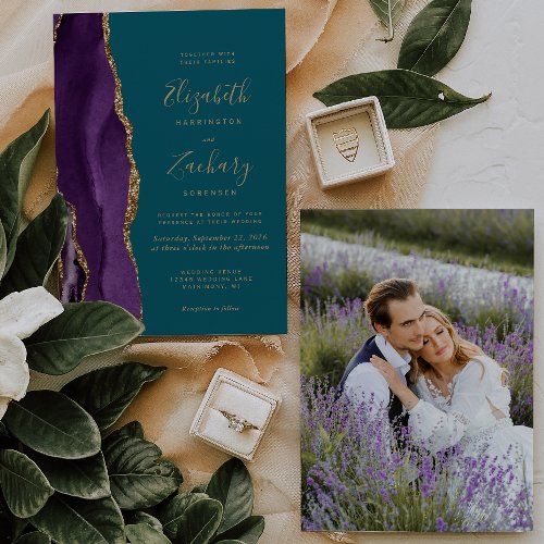 Modern Photo Purple Gold Agate Teal Wedding Invitation