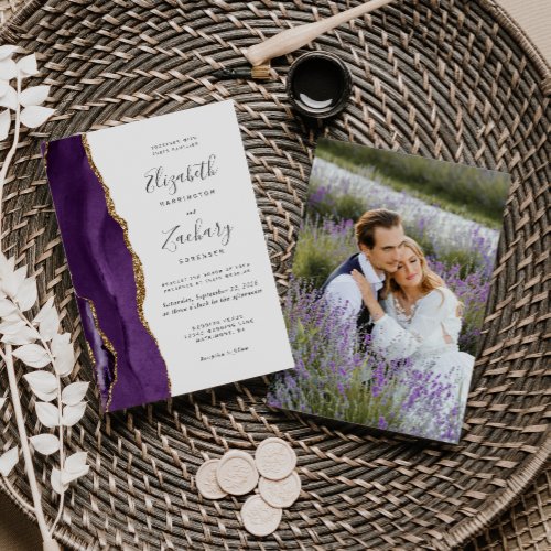 Modern Photo Purple Gold Agate Wedding Invitation