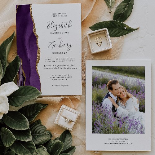 Modern Photo Purple Gold Agate Wedding Invitation