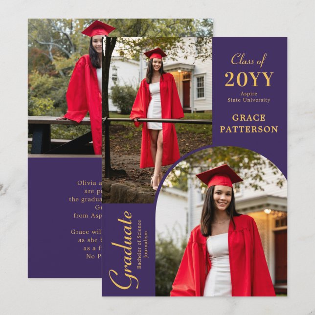 Modern Photo Purple Gold Graduation Announcement (Front/Back)