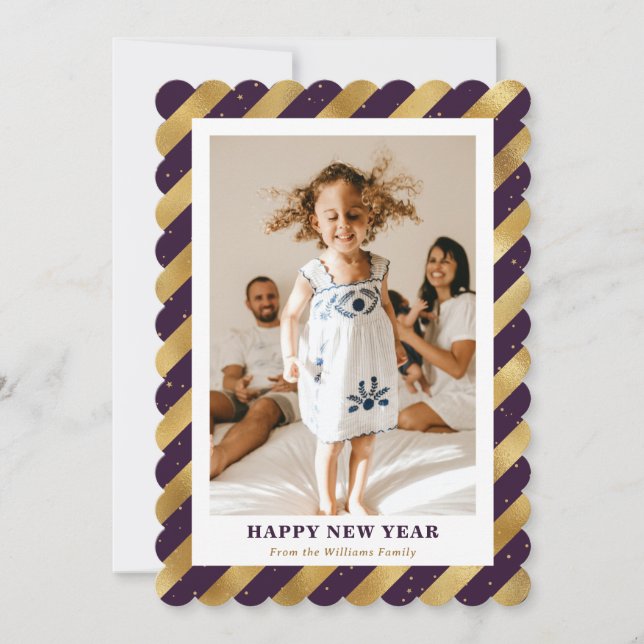 Modern Photo Purple Gold Happy New Year Card (Front)