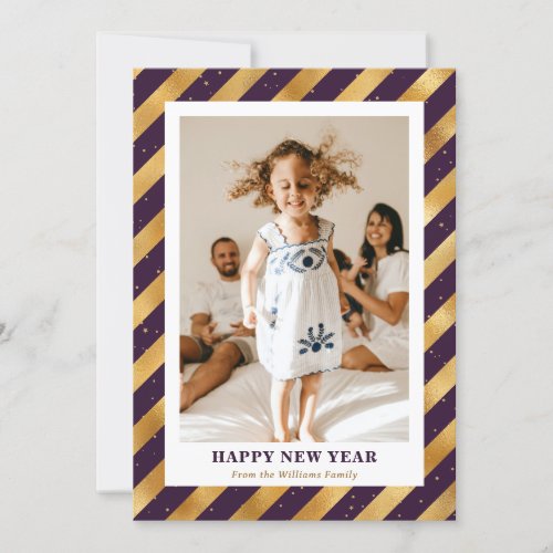 Modern Photo Purple Gold Happy New Year Card