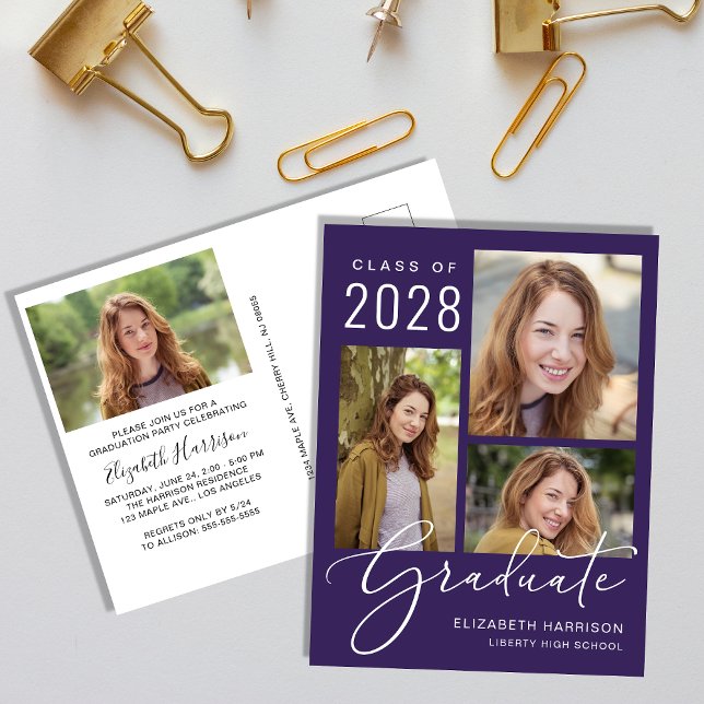 Modern Photo Purple Graduation Party Invitation Postcard (Creator Uploaded)