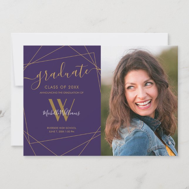 Modern Photo Purple Monogram Geometric Graduation Announcement (Front)