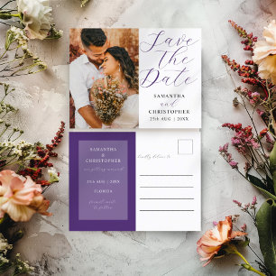 Modern Photo Purple Save the Date Wedding Announcement Postcard