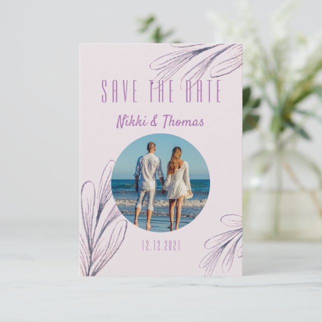 Modern Photo Purple Script Elegant Save the Date (Standing Front)