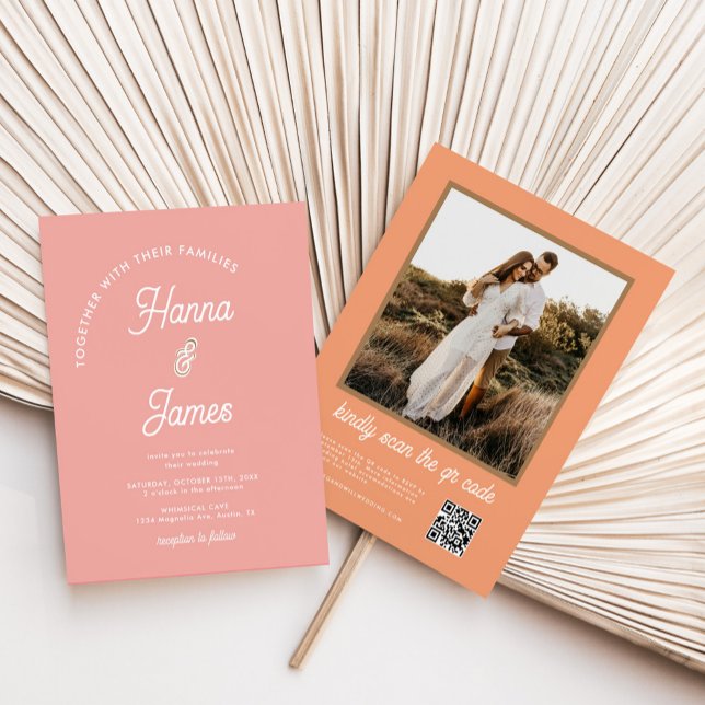 Modern Photo Qr Code 70s Retro Wedding Invitation (Creator Uploaded)