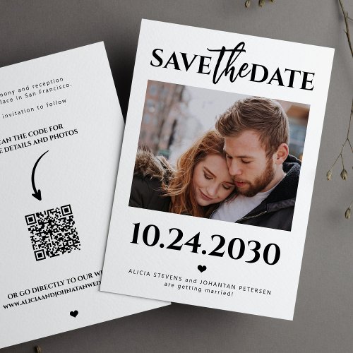 Modern photo QR code black and white wedding Save The Date