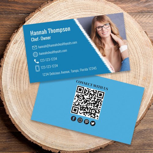 Modern Photo QR Code Blue  Connect With Us Business Card