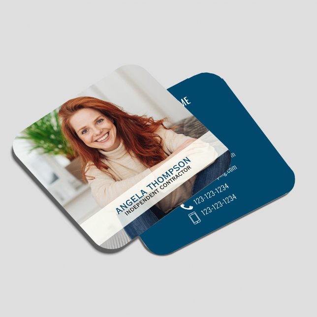 Modern Photo QR Code Connect With Me Blue Square Business Card (Modern blue photo QR code connect card with a clean minimalist design, featuring a customizable port)