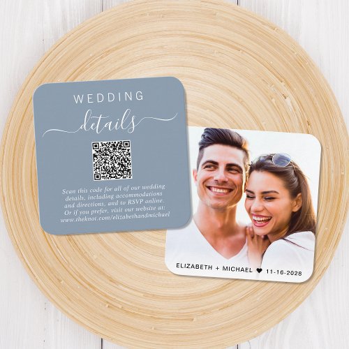 Modern Photo QR Code Dusty Blue Wedding Details Enclosure Card