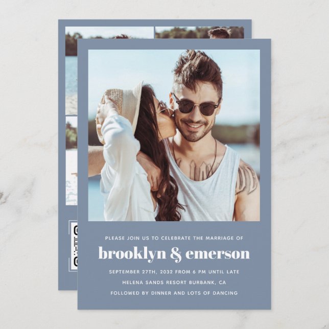 Modern Photo QR Code Dusty Blue Wedding Invitation (Front/Back)