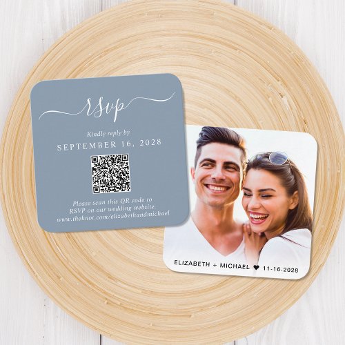 Modern Photo QR Code Dusty Blue Wedding RSVP Enclosure Card