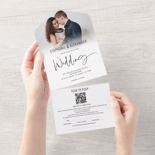 Modern Photo QR Code Guest Name Addresses Wedding  All In One Invitation
