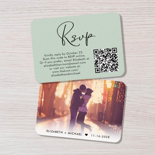 Modern Photo QR Code Sage Green Wedding RSVP Enclosure Card