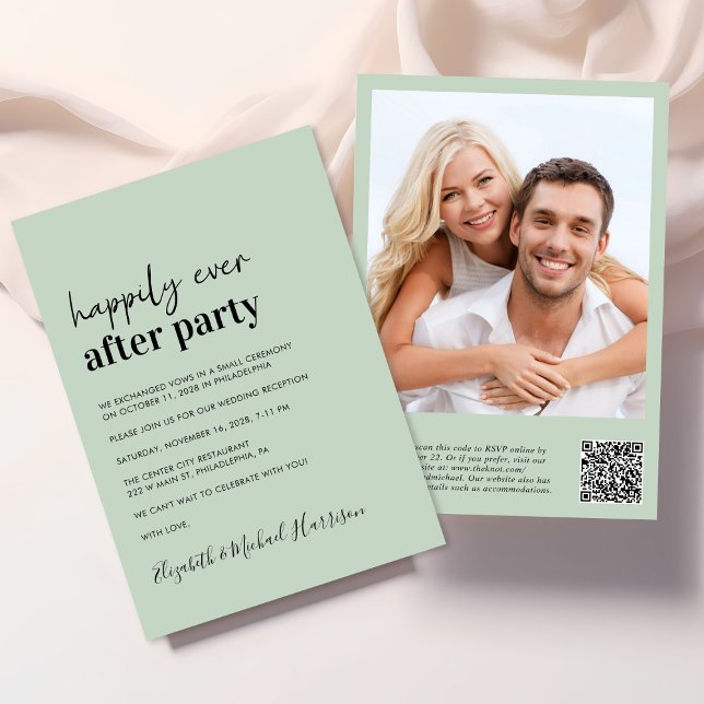 Modern Photo QR Code Sage Wedding Reception Invitation (An elegant Happily Ever After Party Invitation to set the tone for an unforgettable event)