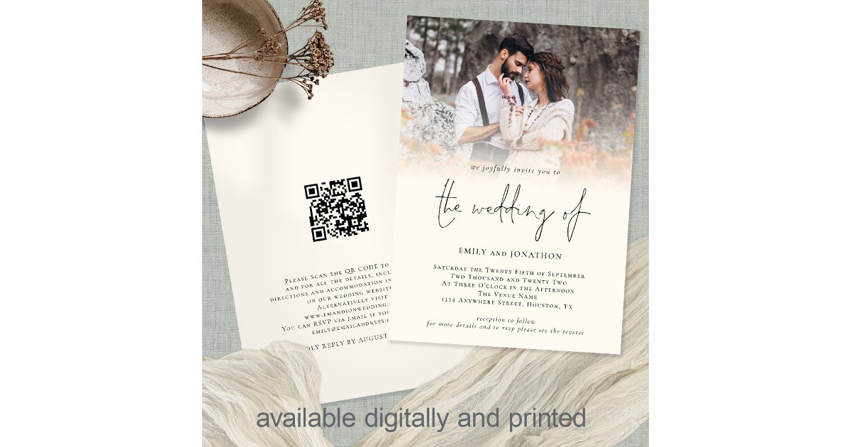 Modern Photo QR Code Script Cream Wedding Invitation | Zazzle