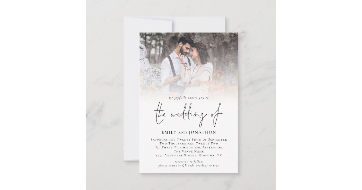 Modern Photo QR Code Script Wedding Invitation | Zazzle