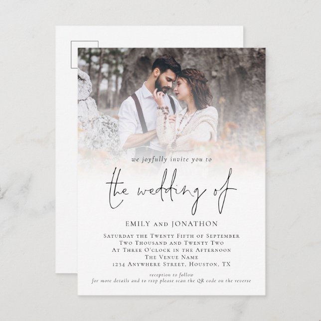 Modern Photo QR Code Script Wedding Invitation Postcard (Front/Back)