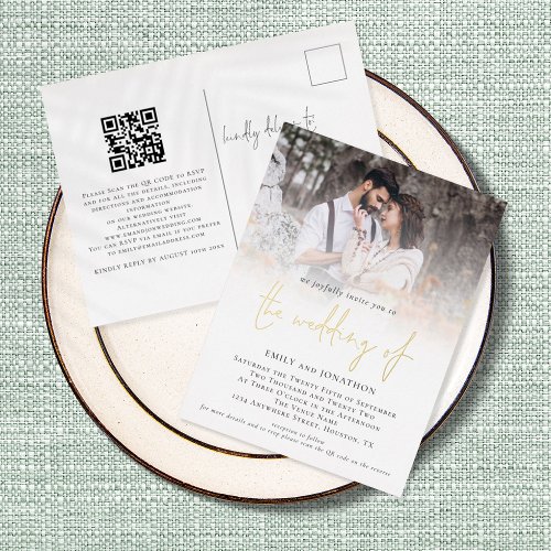 Modern Photo QR Code Script Wedding Real Foil Invitation Postcard