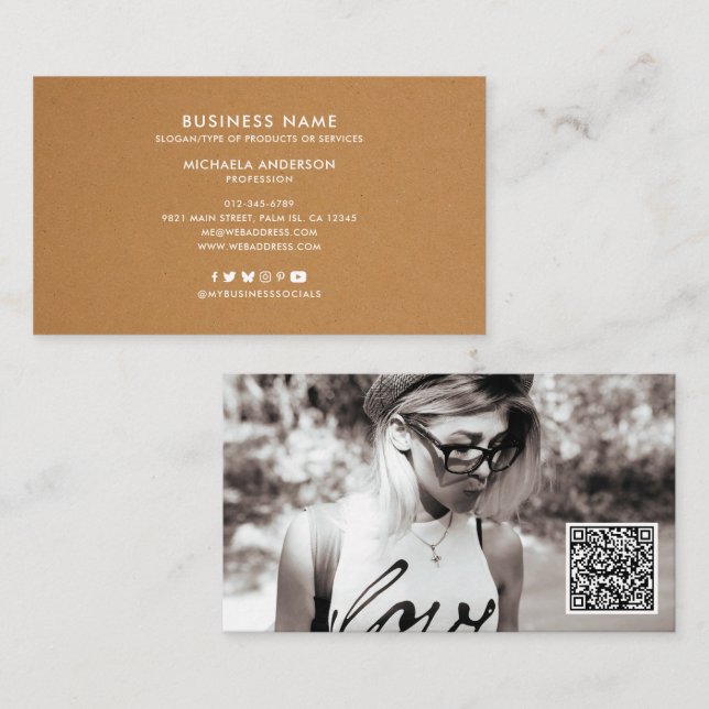 Modern Photo QR Code & Social Media No Logo Kraft Business Card (Front/Back)