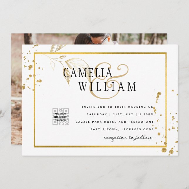 Modern PHOTO QR CODE Wedding Invite or Save Date (Front/Back)