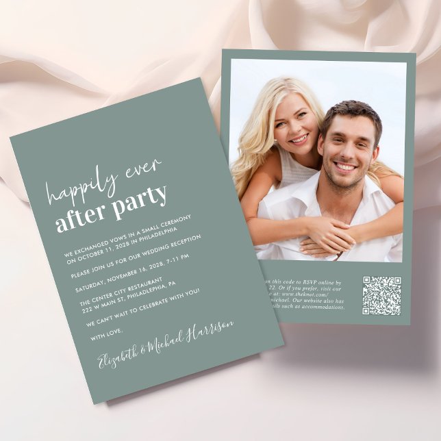 Modern Photo QR Code Wedding Reception Invitation (An chic Happily Ever After Party all-in-one invitation for your wedding celebration)
