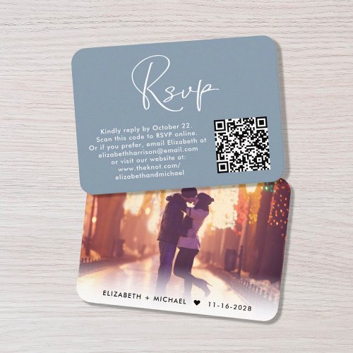 Modern Photo QR Code Wedding RSVP Dusty Blue Enclosure Card