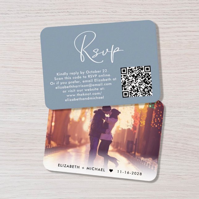 Modern Photo QR Code Wedding RSVP Dusty Blue Enclosure Card (Creator Uploaded)