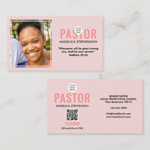 Modern Photo QR Logo Blush Pink Church Pastor Business Card
