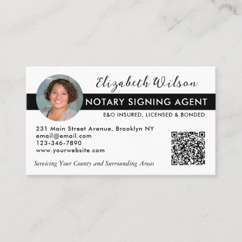 Modern Photo QR Notary Signing Loan Agent Black Business Card
