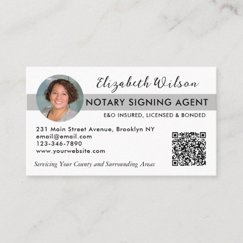 Modern Photo QR Notary Signing Loan Agent Gray Business Card