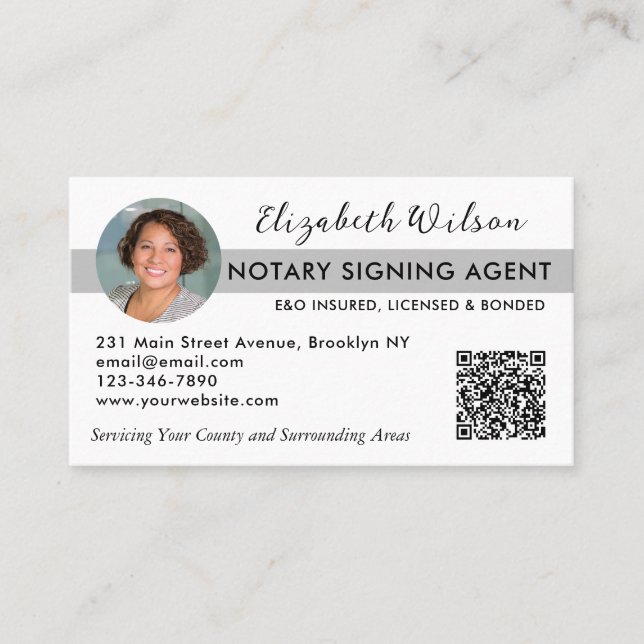 Modern Photo QR Notary Signing Loan Agent Gray Business Card (Front)