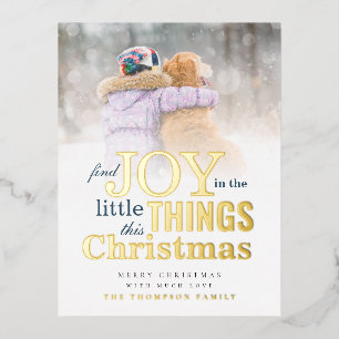 Modern Photo Quote Find Joy Christmas Real Foil Holiday Postcard