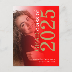 Modern Photo Red Gold 2024 Graduation Announcement Postcard