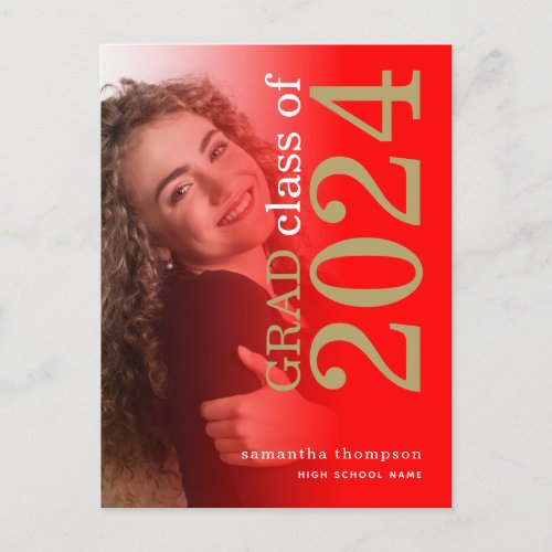 Modern Photo Red Gold 2024 Graduation Announcement Postcard