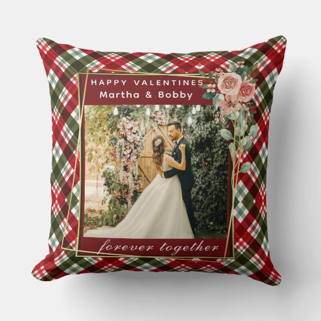 Modern Photo | Red & Green Plaid Happy Valentines  Throw Pillow (Front)