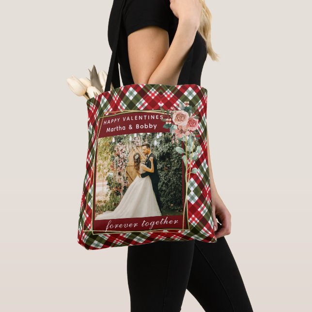 Modern Photo | Red & Green Plaid Happy Valentines  Tote Bag (Close Up)
