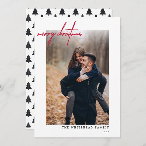 Modern Photo Red Merry Christmas White Holiday Card