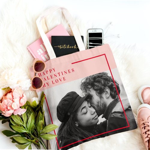 Modern Photo  Red  Pink Happy Valentines Gift Tote Bag