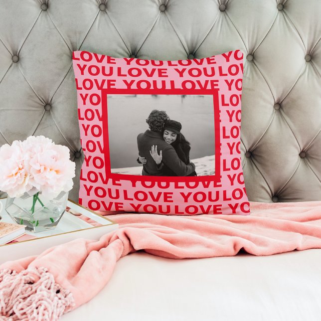 Modern Photo | Red & Pink Love You Valentines Gift Throw Pillow (Creator Uploaded)