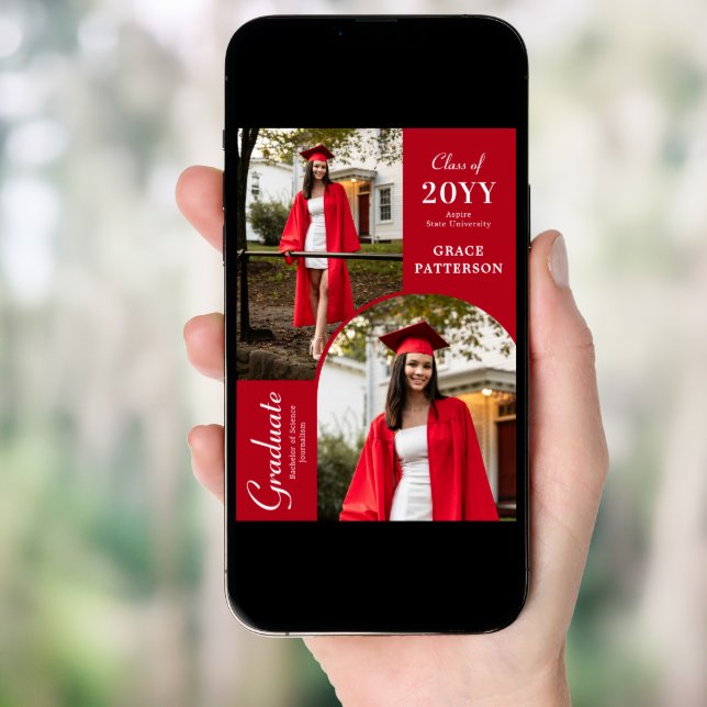 Modern Photo Red White Graduation Announcement (Front Digital)