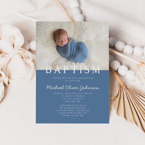Modern Photo Religious Cross Blue Boy Baptism Invitation