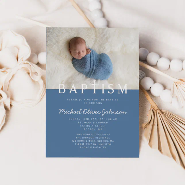 Modern Photo Religious Cross Blue Boy Baptism Invitation | Zazzle