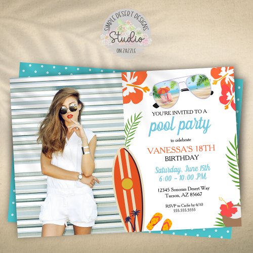 Modern Photo Retro Tropical Pool Party Birthday Invitation
