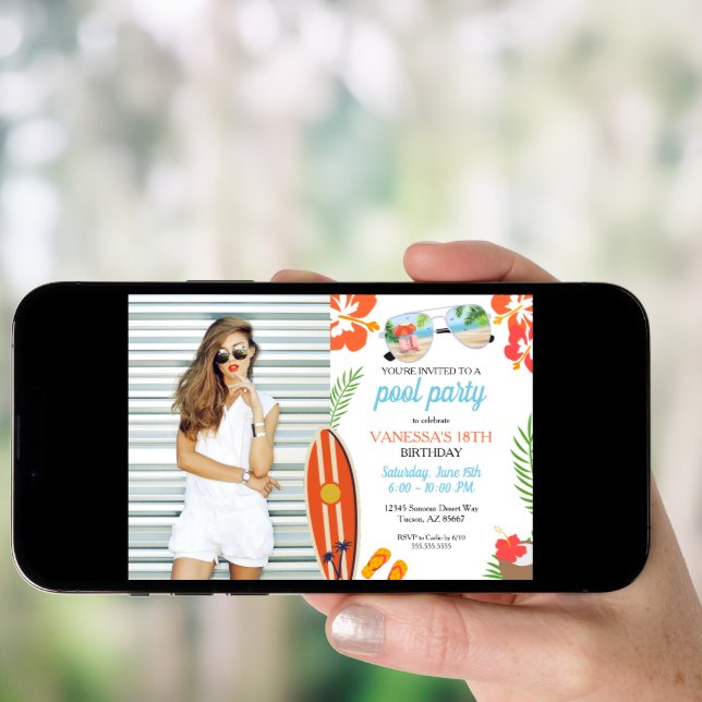 Modern Photo Retro Tropical Pool Party Birthday Invitation (Front Digital)
