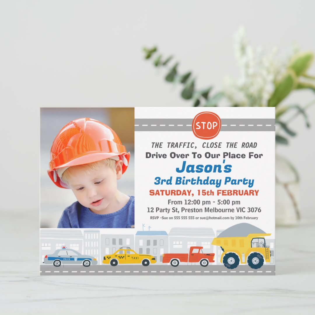 Modern Photo Road Transport Birthday Invitation (Standing            Front)