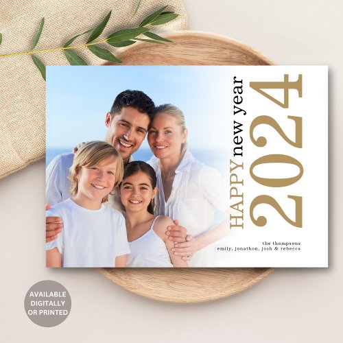 Modern Photo Rotated Text Happy New Year 2024 Gold Holiday Card