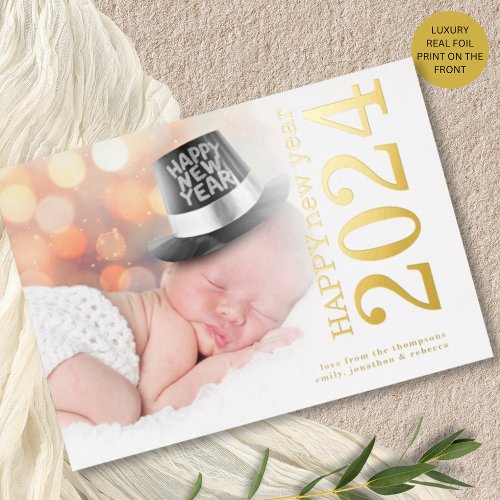 Modern Photo Rotated Text Happy New Year 2024 Real Foil Holiday Card
